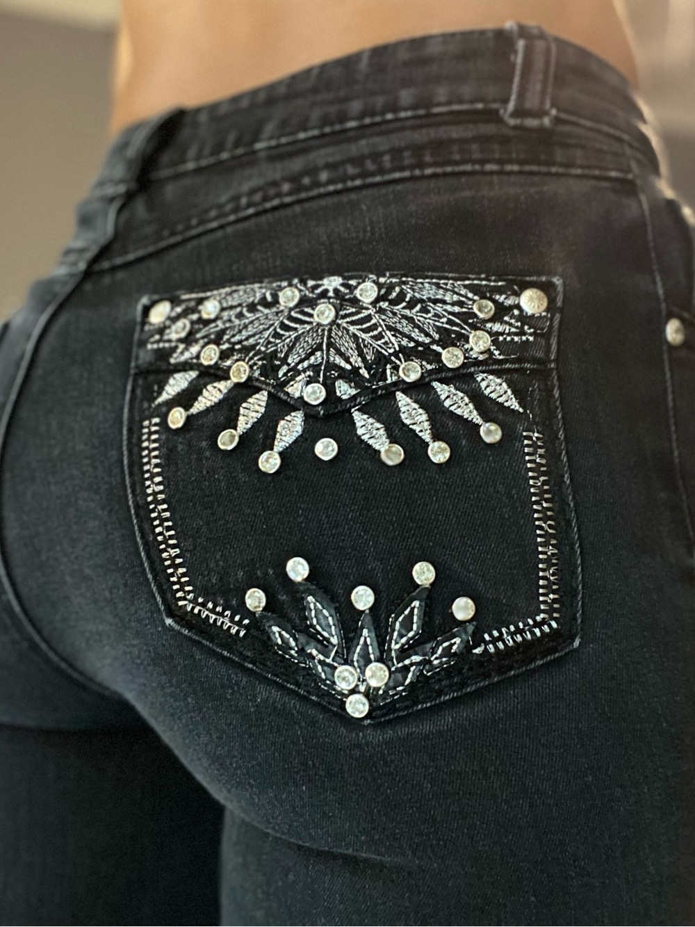 Women’s Black Boot Cut Jeans with Rhinestone Embellished Pocket